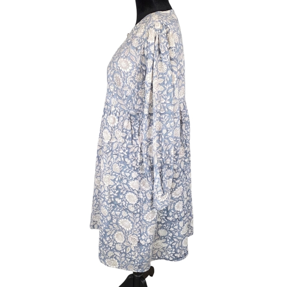 Beau & Ro Dusty Blue Floral Hand Block Print Cotton Boho Peasant Dress Small - Picture 6 of 11
